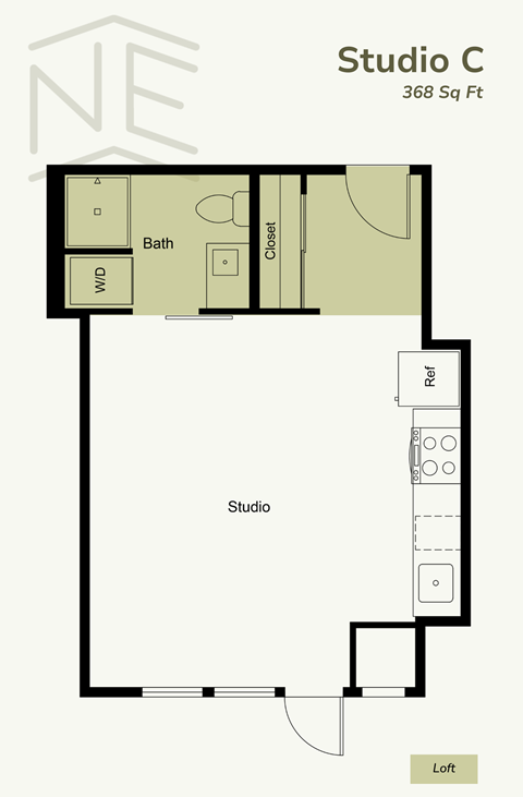 Floor plan for studio, 1 bath, 375 sqft